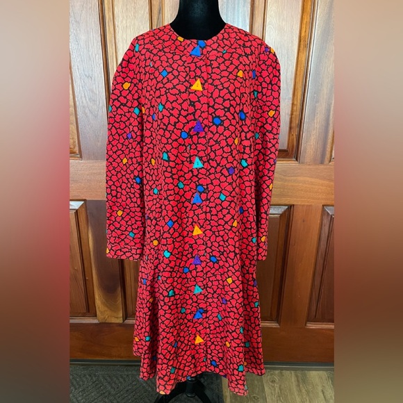 Vintage Anne Crimmins for UMI Collections Triangles Buttons Red Silk Dress Sz 14 - Picture 1 of 12